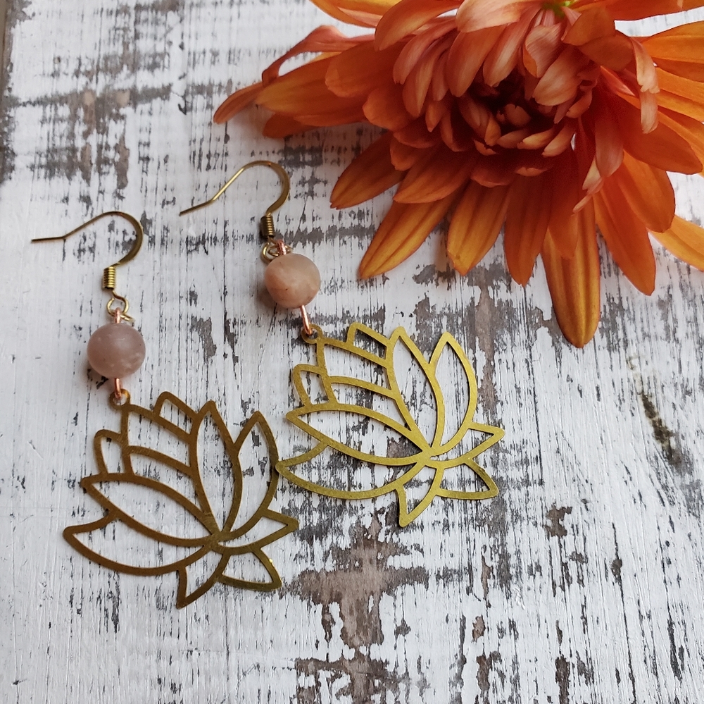 Raw Brass Earrings Lotus with Sunstone bead